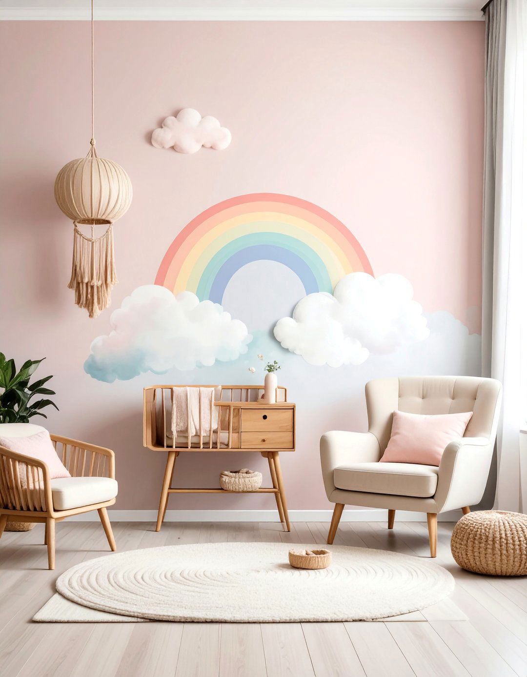 Pastel Rainbow Cloud Wall Mural with Boho Accents - 25 Cloud Themed Nursery Ideas
