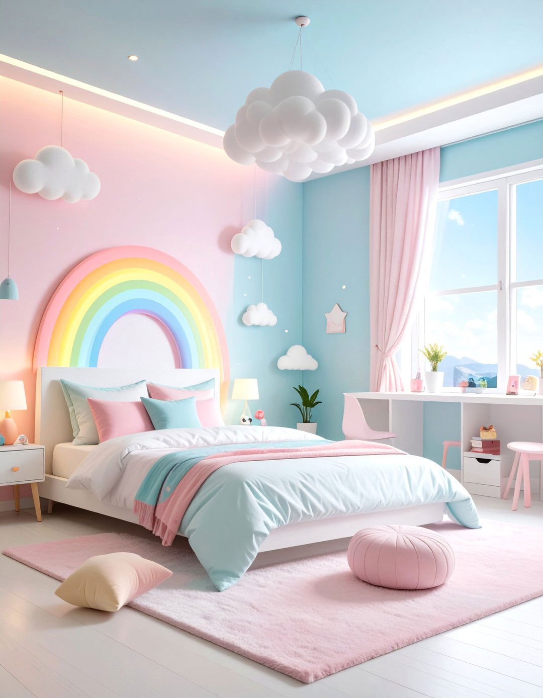 Pastel Rainbow Gaming Room with Cloud Decorations - 25 Gamer Girl Room Ideas