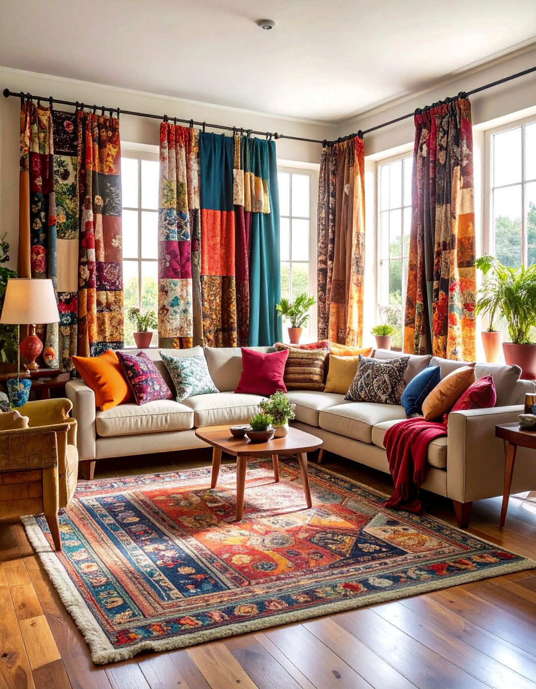 Patchwork Curtains from Vintage Fabric Scraps - 25 Boho Curtain Ideas