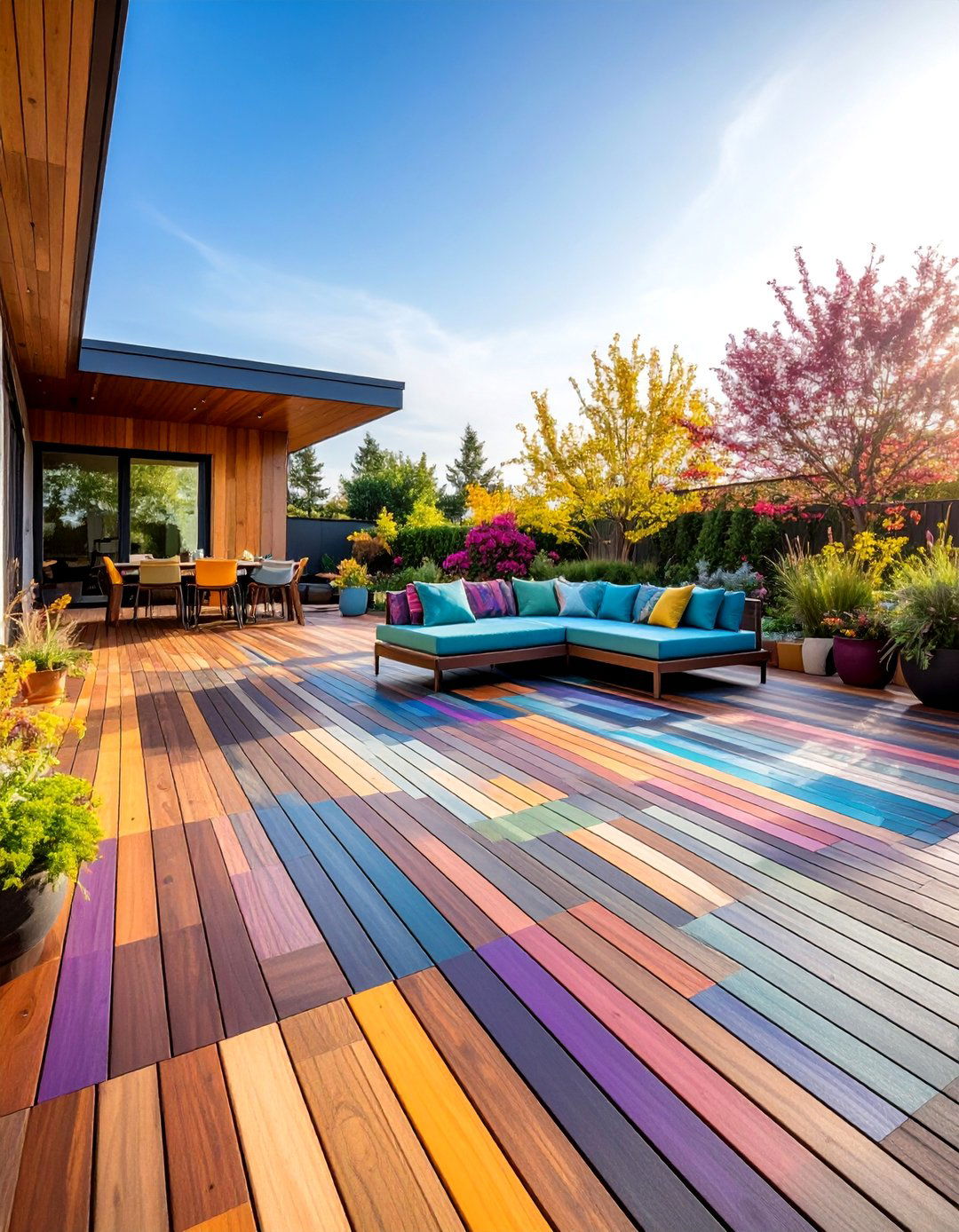 Patchwork Pattern Deck with Mixed Material Zones - 25 Ground Level Deck Ideas