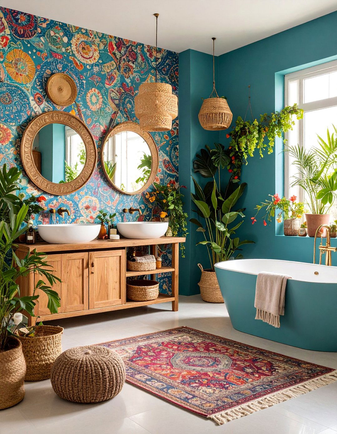 Patterned Wallpaper Boho Bathroom Design - 25 Boho Bathroom Ideas