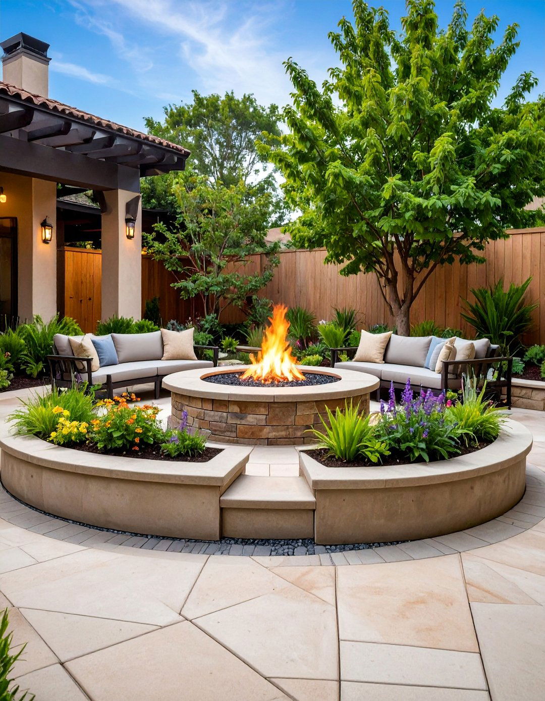 Paver Patio with Integrated Planters and Fire Pit - 25 Concrete Paver Patio Fire Pit Ideas