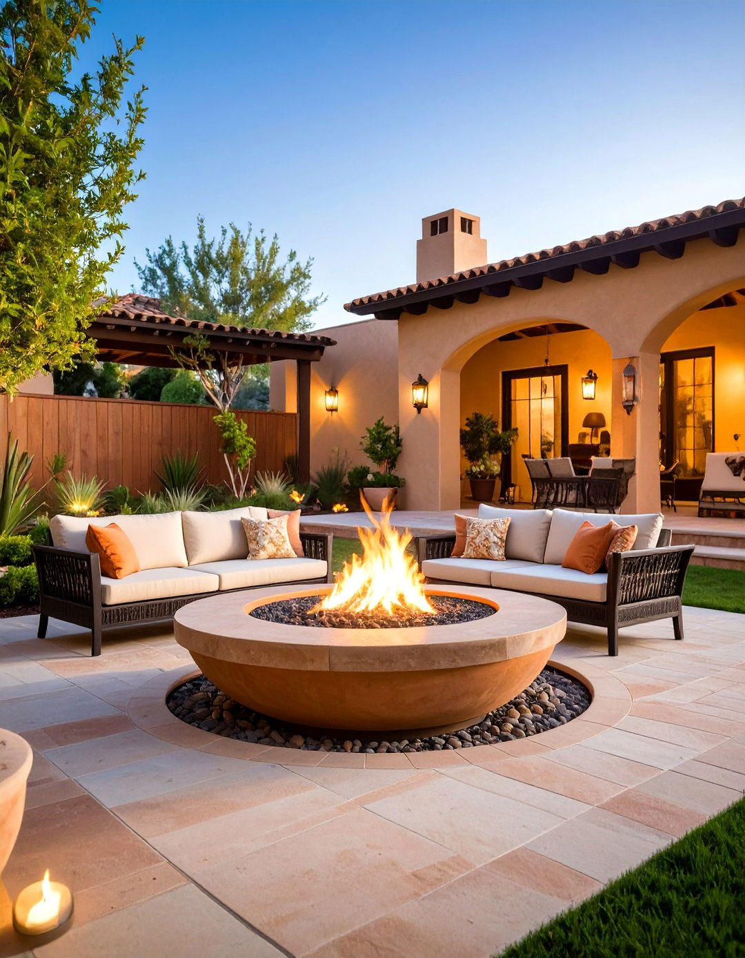 Paver Patio with Mediterranean Styling and Fire Bowl - 25 Concrete Paver Patio Fire Pit Ideas