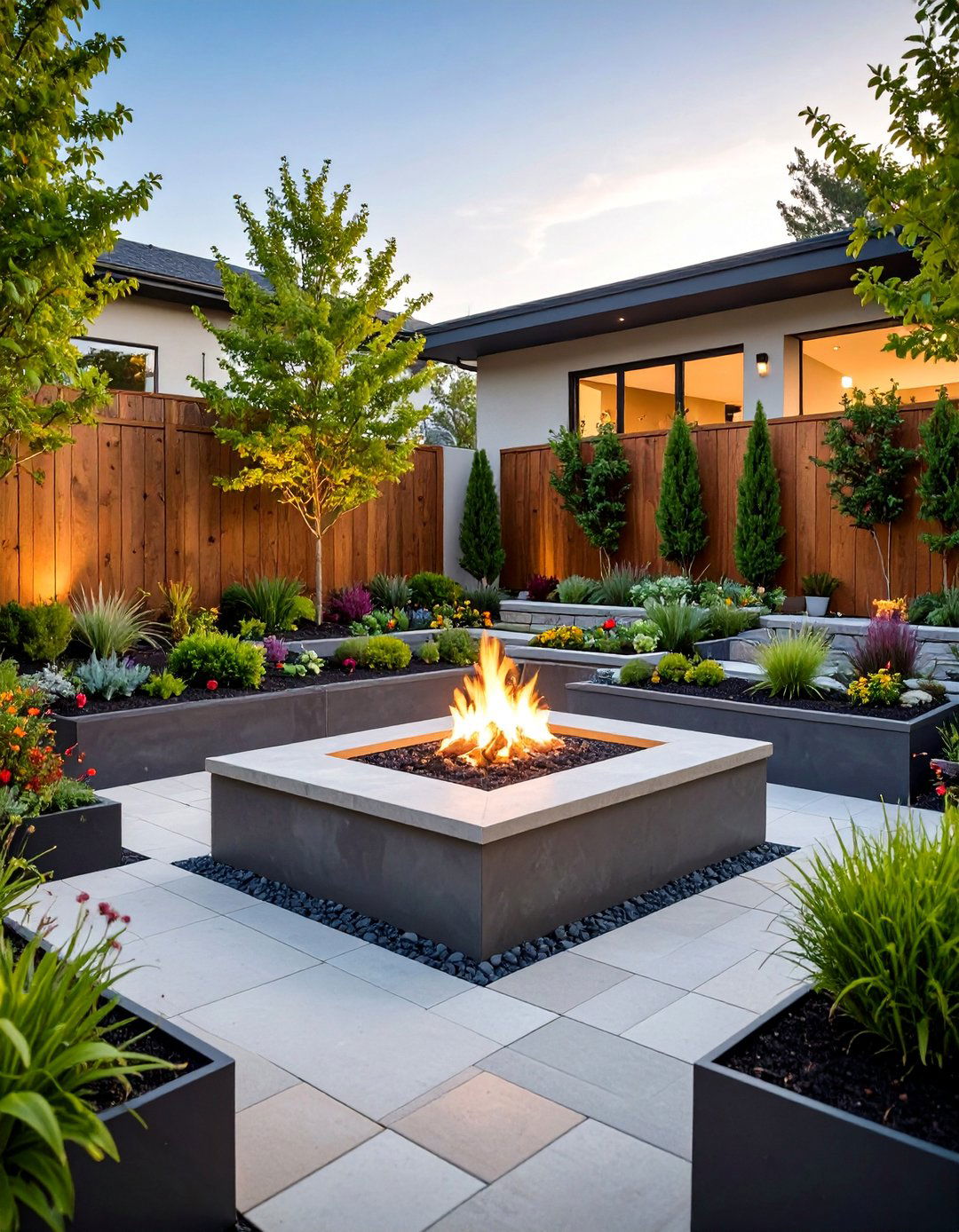 Paver Patio with Raised Planters and Central Fire Pit - 25 Concrete Paver Patio Fire Pit Ideas