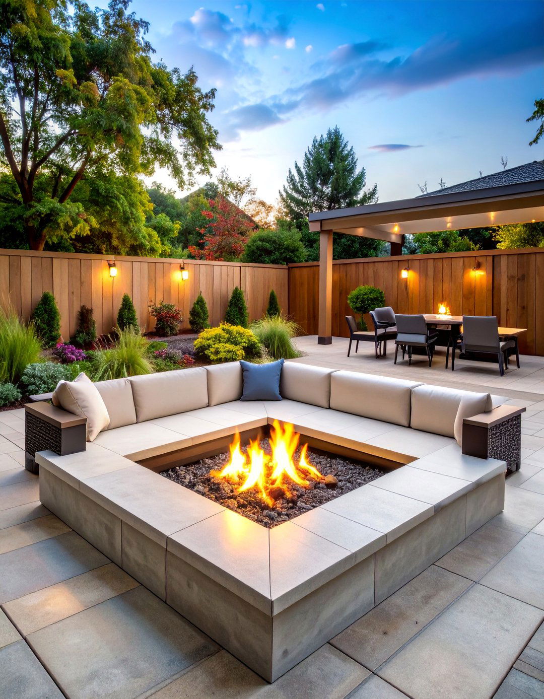 Paver Patio with Sunken Fire Pit Conversation Area - 25 Concrete Paver Patio Fire Pit Ideas