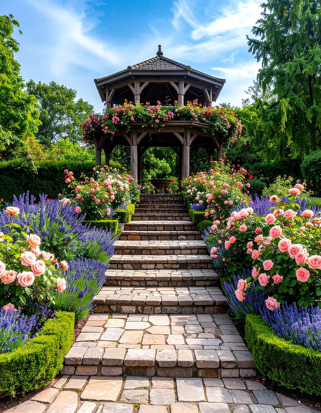 Paver Stone Tiered Garden with Formal Rose Display - 25 Tiered Garden Ideas