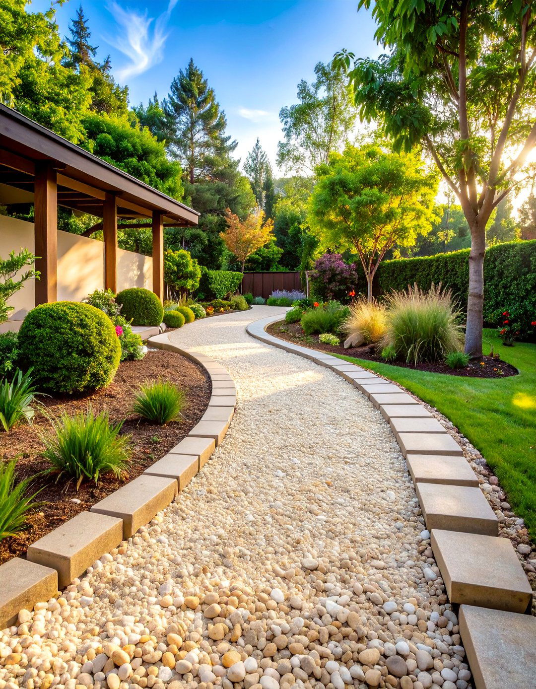 Pea Gravel Path with Stone Edging - 25 Rock Walkway Ideas