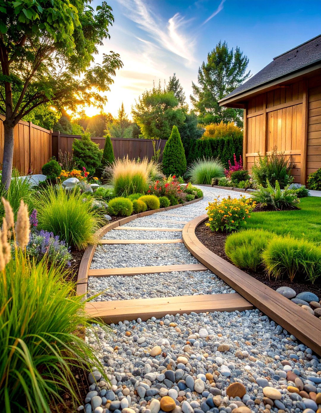 Pea Gravel Path with Wooden Rail Borders - 25 Farmhouse Walkway Ideas