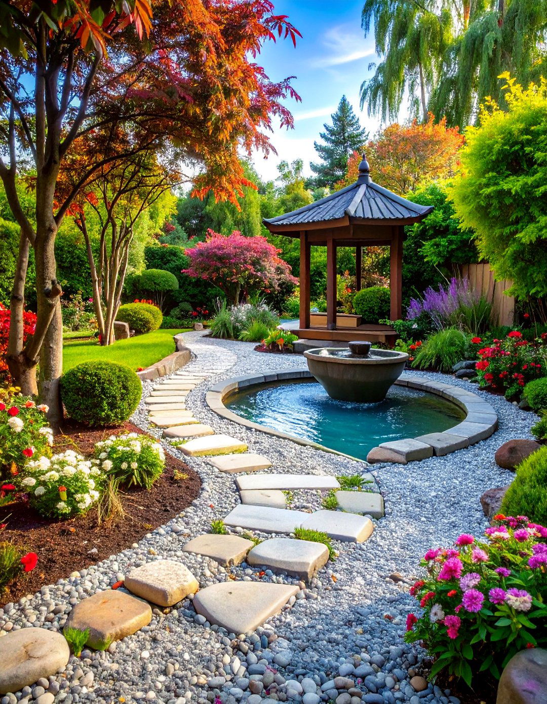 Pea Gravel Walkway with Integrated Water Feature - 25 Pea Gravel Walkway Ideas