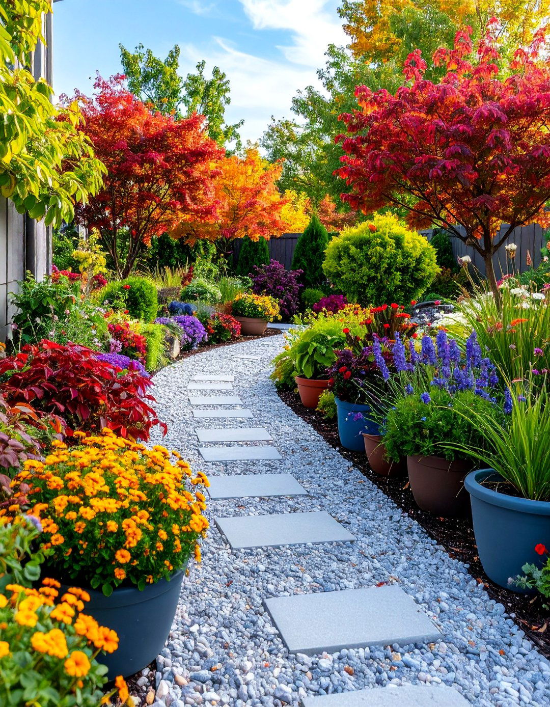 Pea Gravel Walkway with Seasonal Container Gardens - 25 Pea Gravel Walkway Ideas
