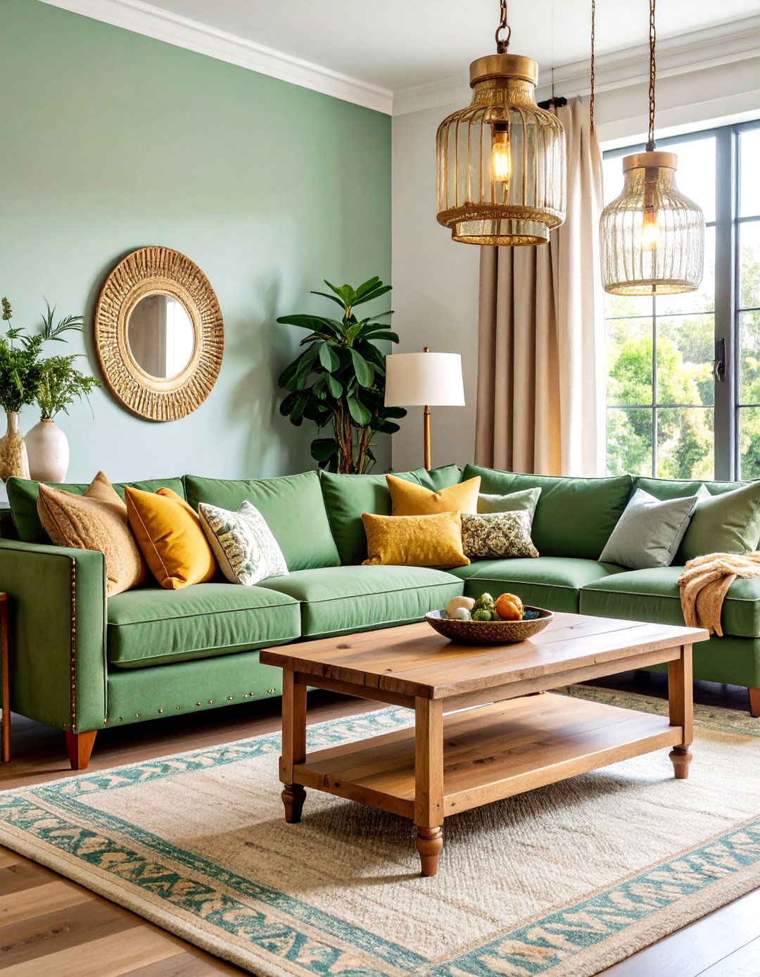 Pea Green and Brushed Gold Farmhouse Living Room - 25 Green and Gold Living Room Ideas