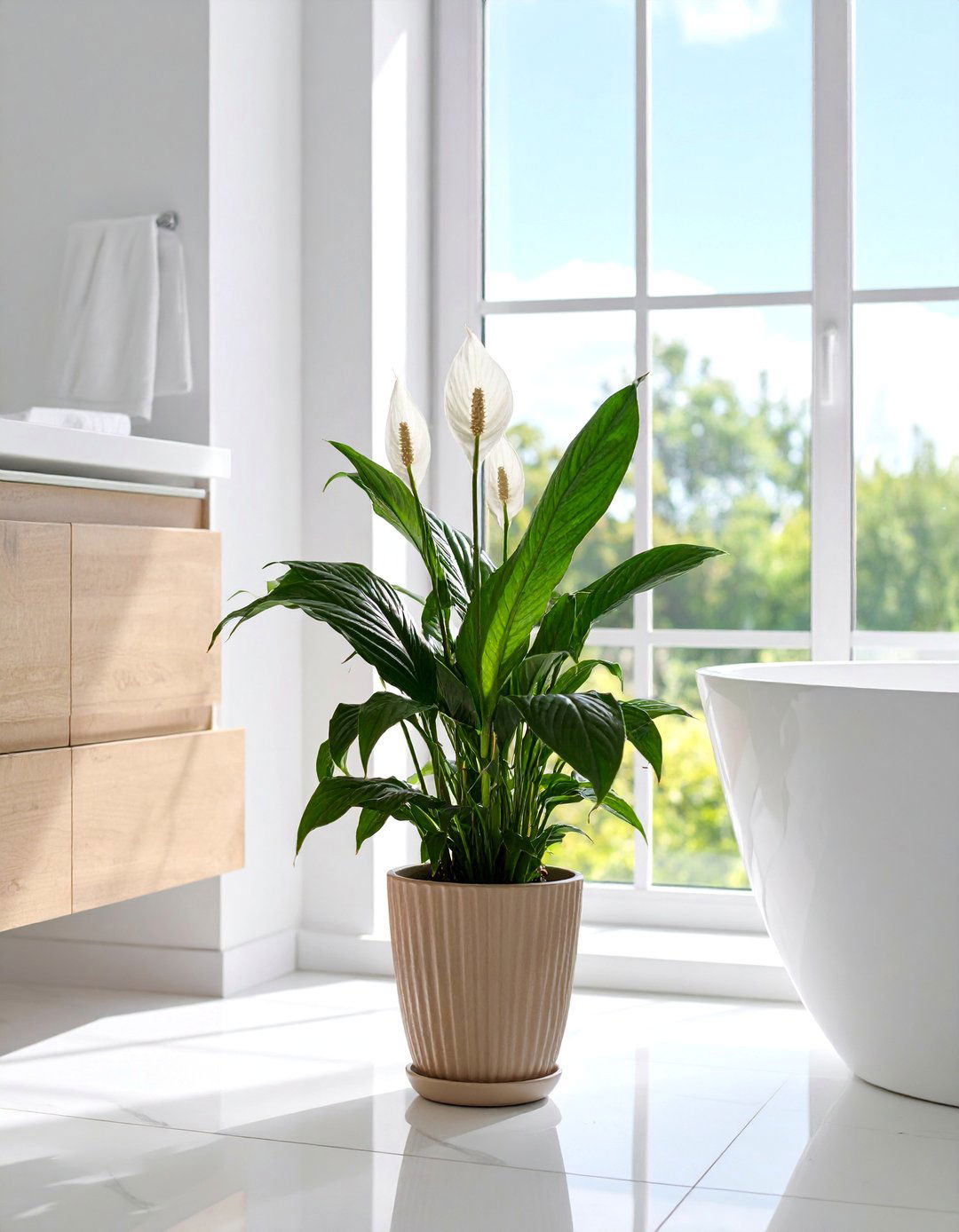 Peace Lily with White Blooms - 25 Best Plants for Bathroom