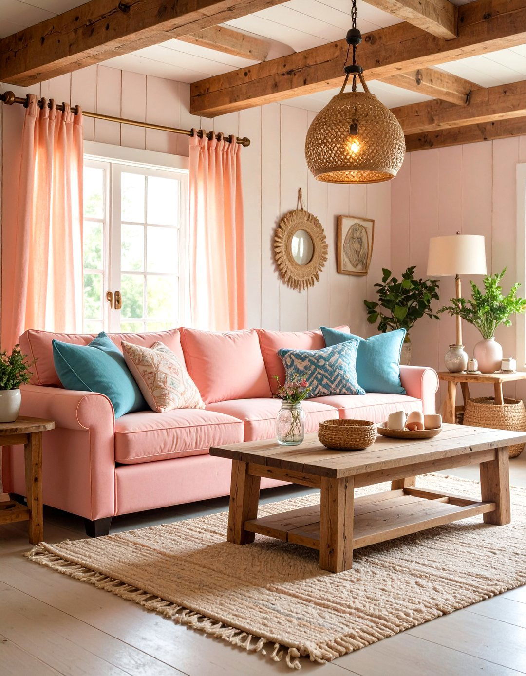 Peach Pink Sofa with Farmhouse Charm - 25 Pink Couch Living Room Ideas