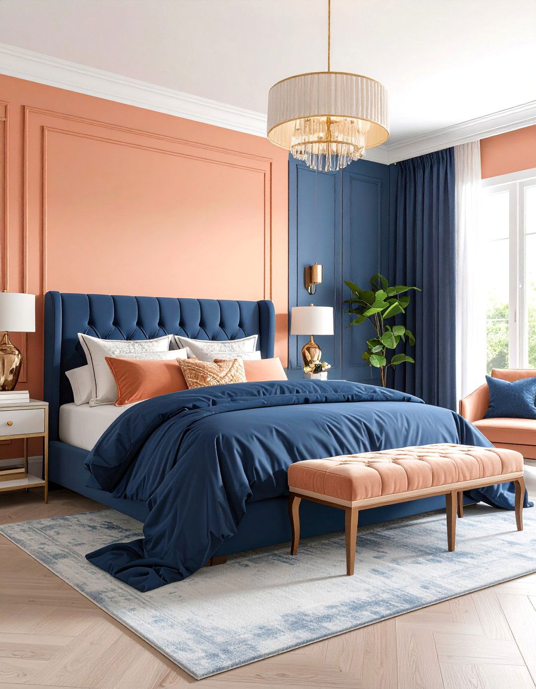 Peach and Navy Blue Sophisticated Bedroom - 25 Peach Bedroom Ideas