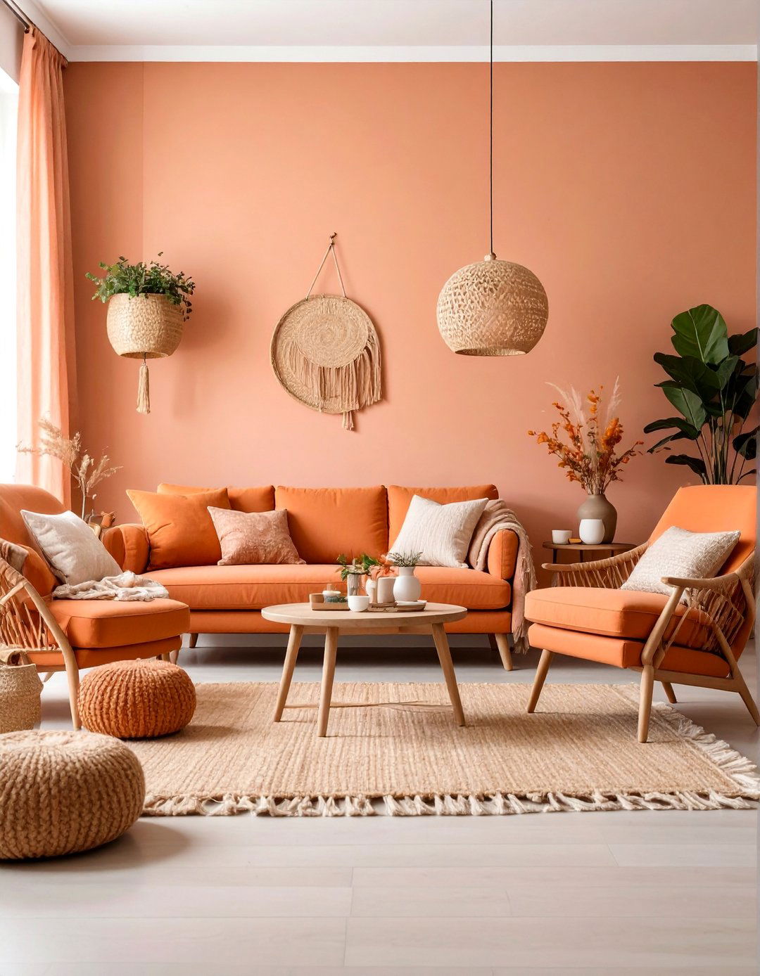 Peachy Coral Living Room with Natural Fiber Textures - 25 Pastel Room Ideas