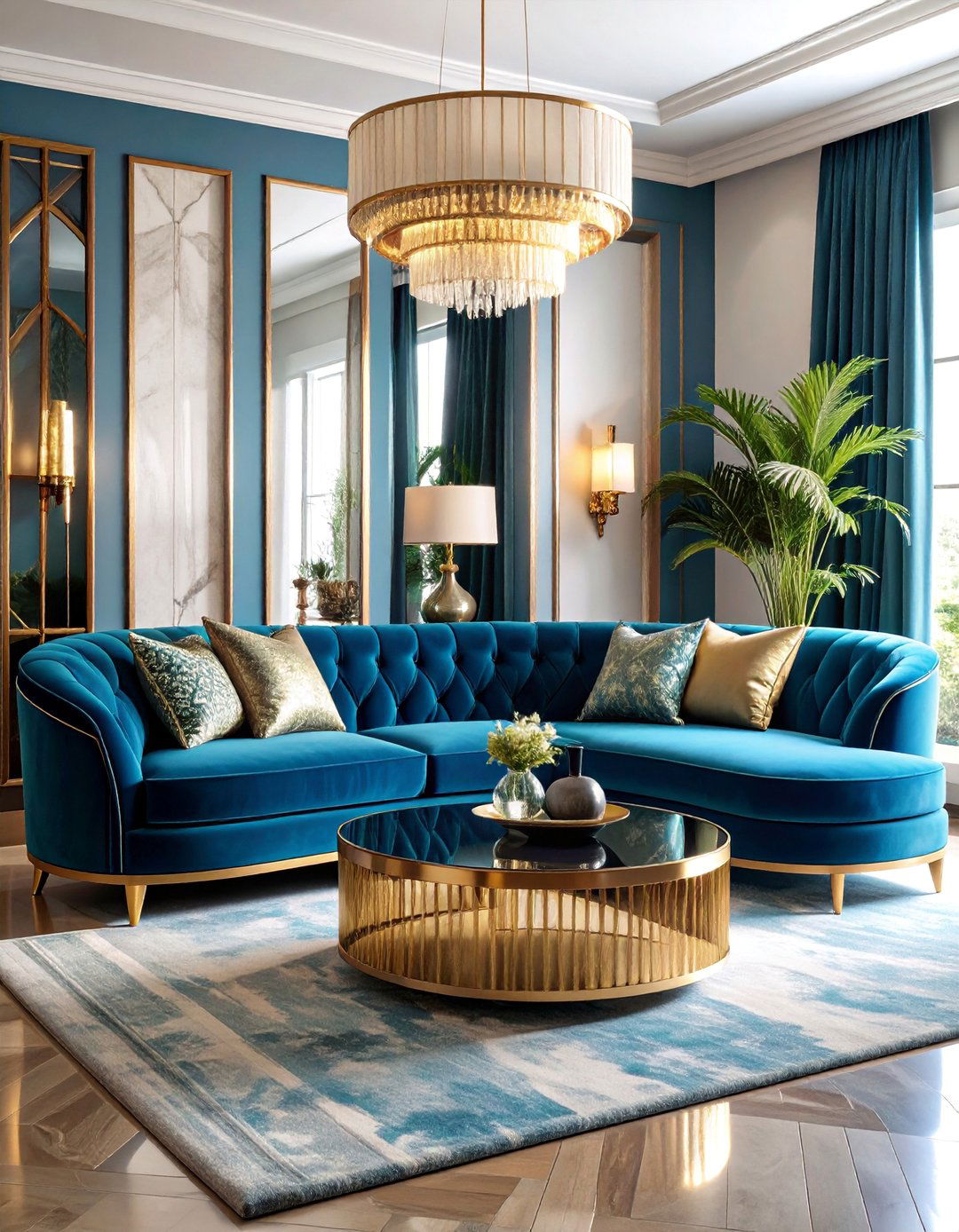 Peacock Blue Art Deco Living Room with Geometric Patterns - 25 Blue Living Room Ideas