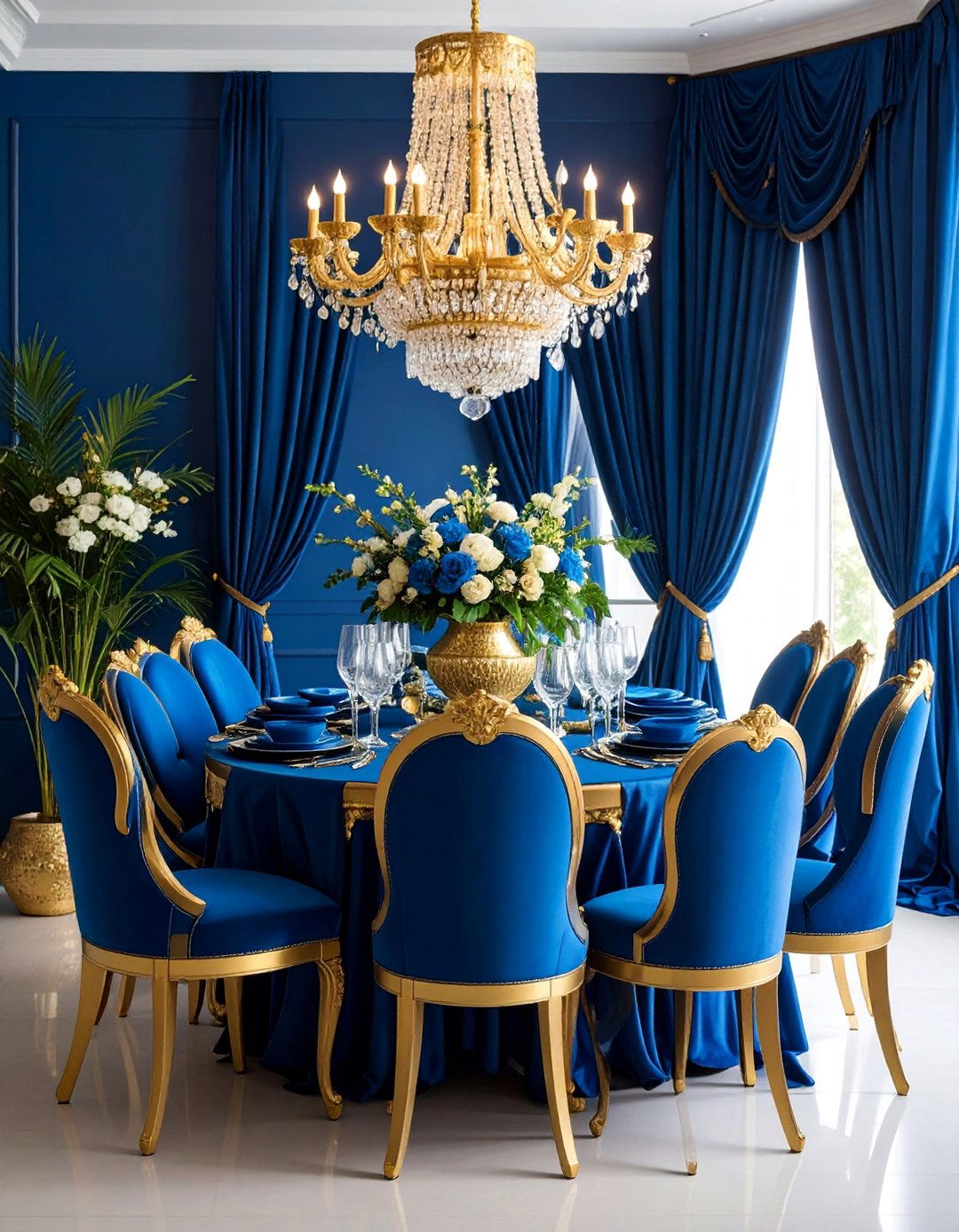 Peacock Blue Glamorous Dining Room with Metallic Details - 25 Blue Dining Room Ideas