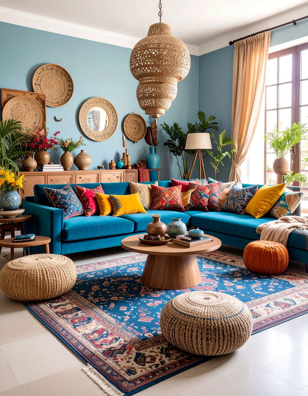 Peacock Blue Sofa with Eclectic Vintage and Modern Mix - 25 Blue Couch Living Room Ideas