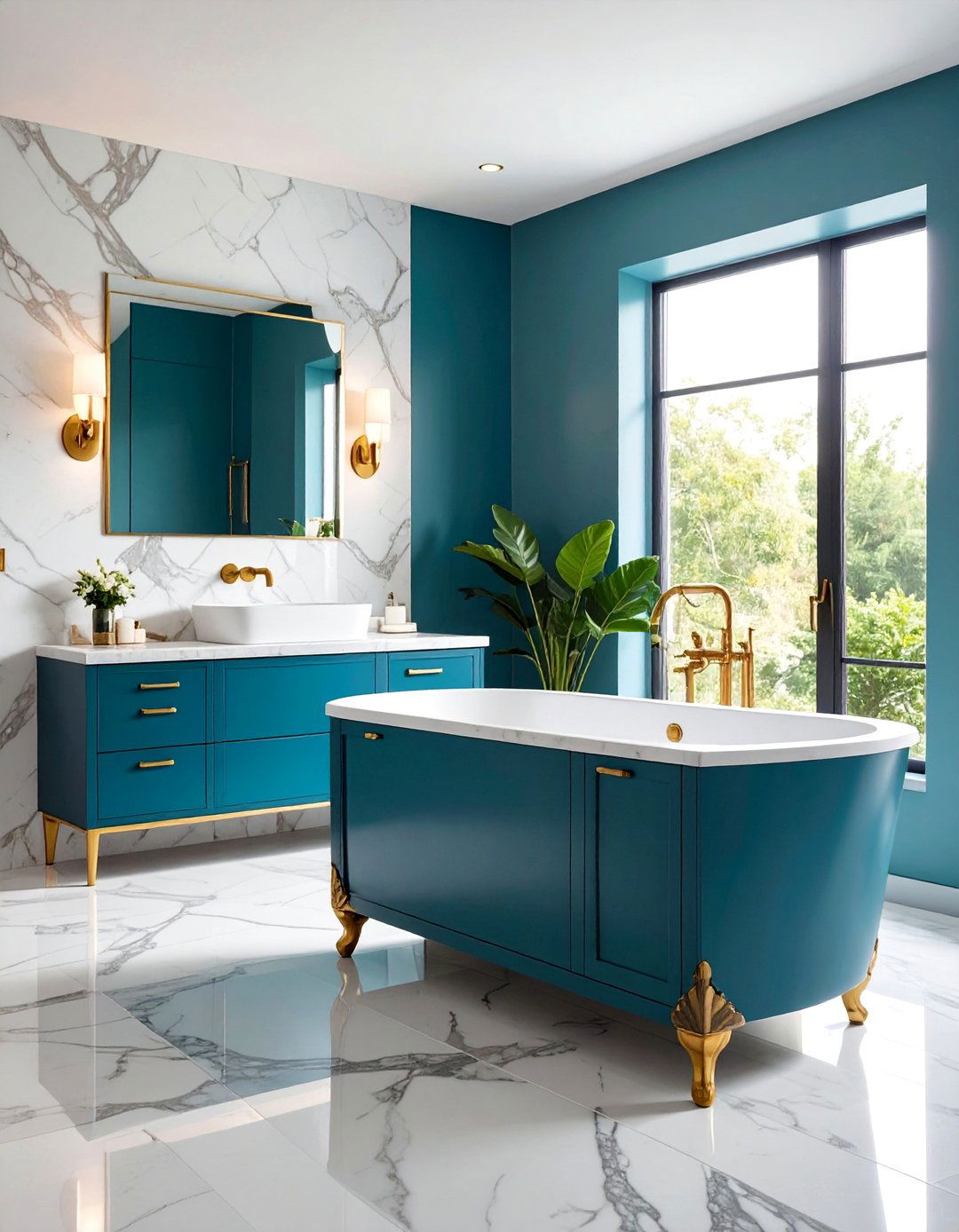 Peacock Blue Vanity with Gold Veined Marble - 25 Blue Bathroom Vanity Ideas