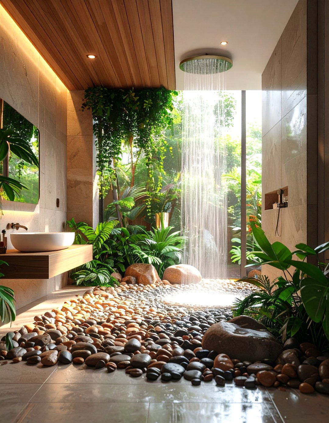 Pebble Floor Texture Contrast - 25 Doorless Walk In Shower Ideas