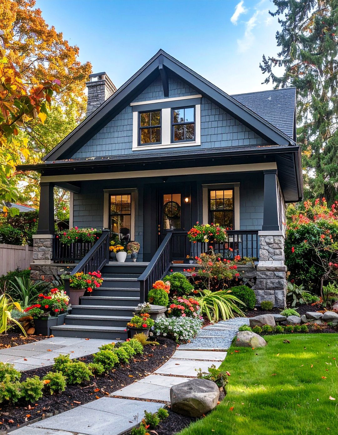 Pebble Grey Craftsman Bungalow with Black Porch Details - 25 Grey House With Black Trim