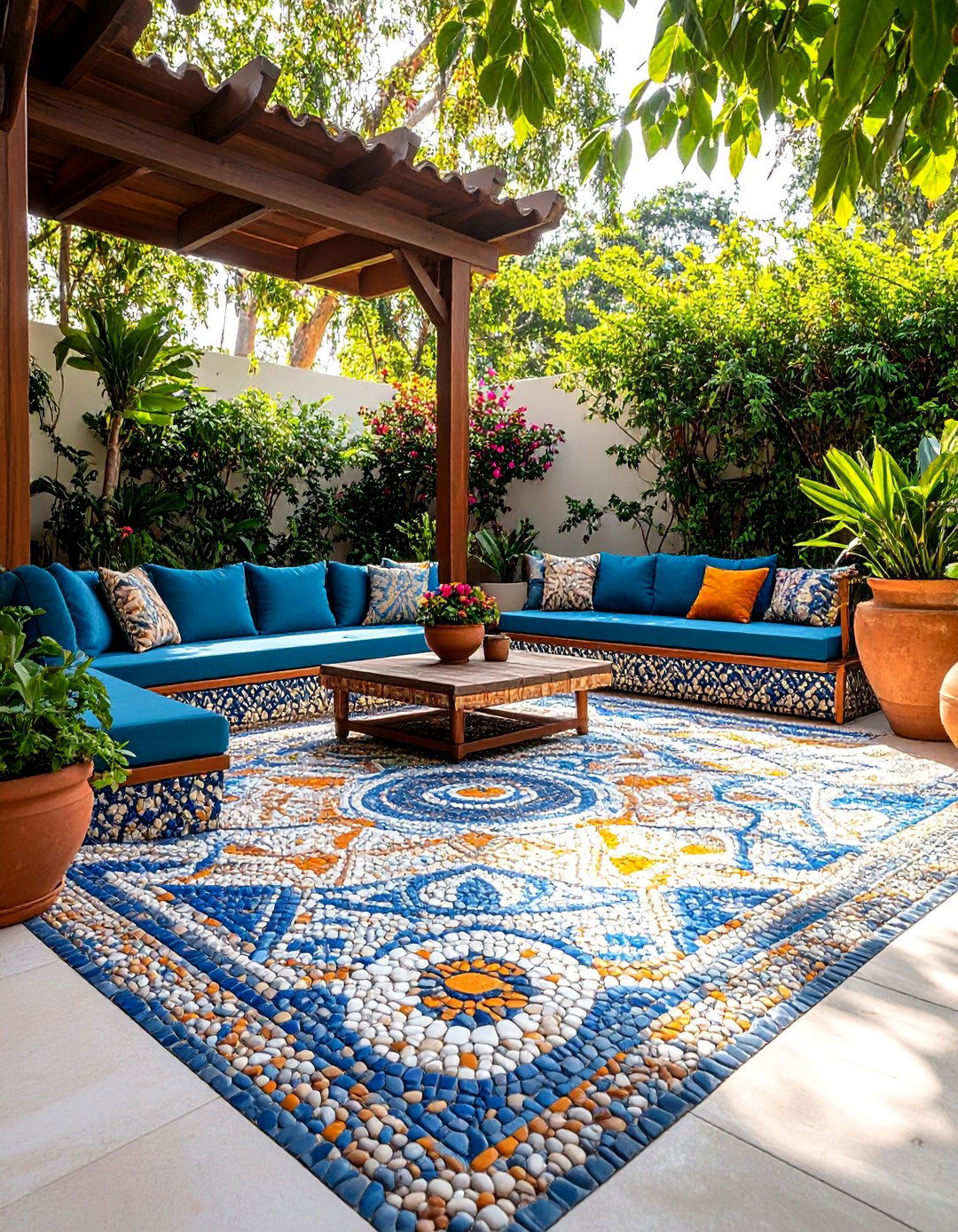 Pebble Mosaic Garden Seating Area - 25 Mosaic Garden Ideas