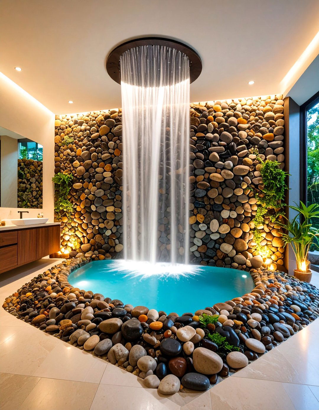 Pebble Mosaic Wall Accent with Waterfall - 25 Luxury Shower Ideas