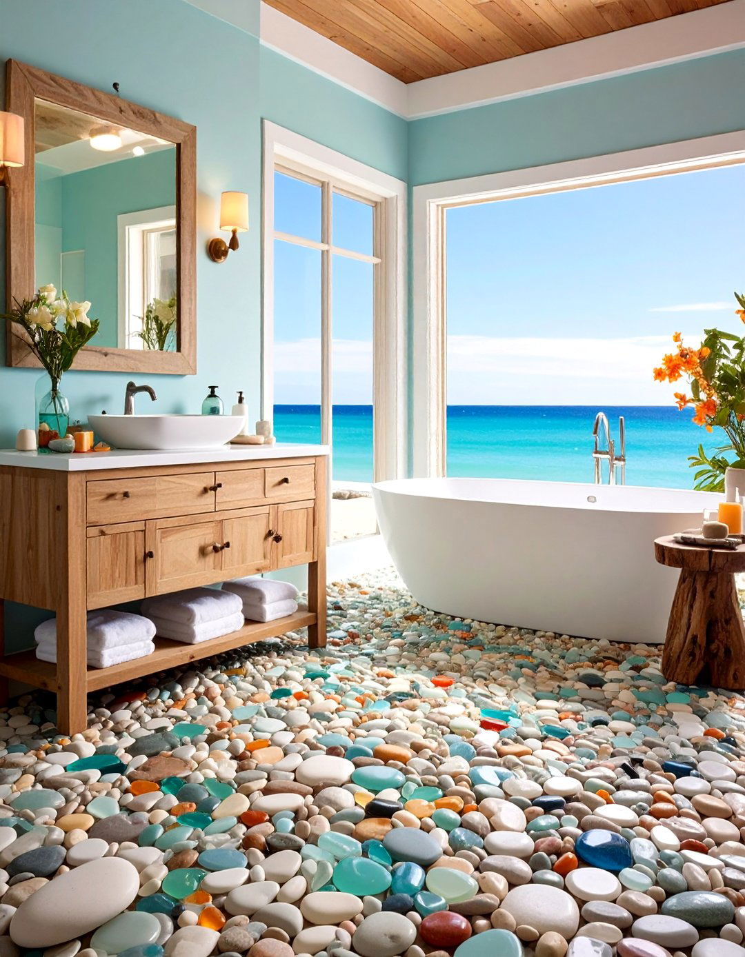 Pebble Mosaic and Driftwood Beach Bathroom - 25 Earthy Bathroom Ideas