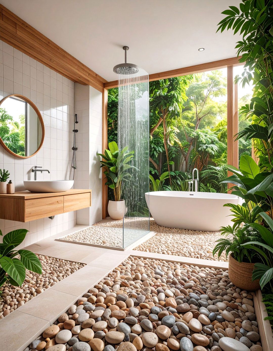 Pebble Stone Floor with Smooth Walls - 25 Walk-in Shower Tile Ideas
