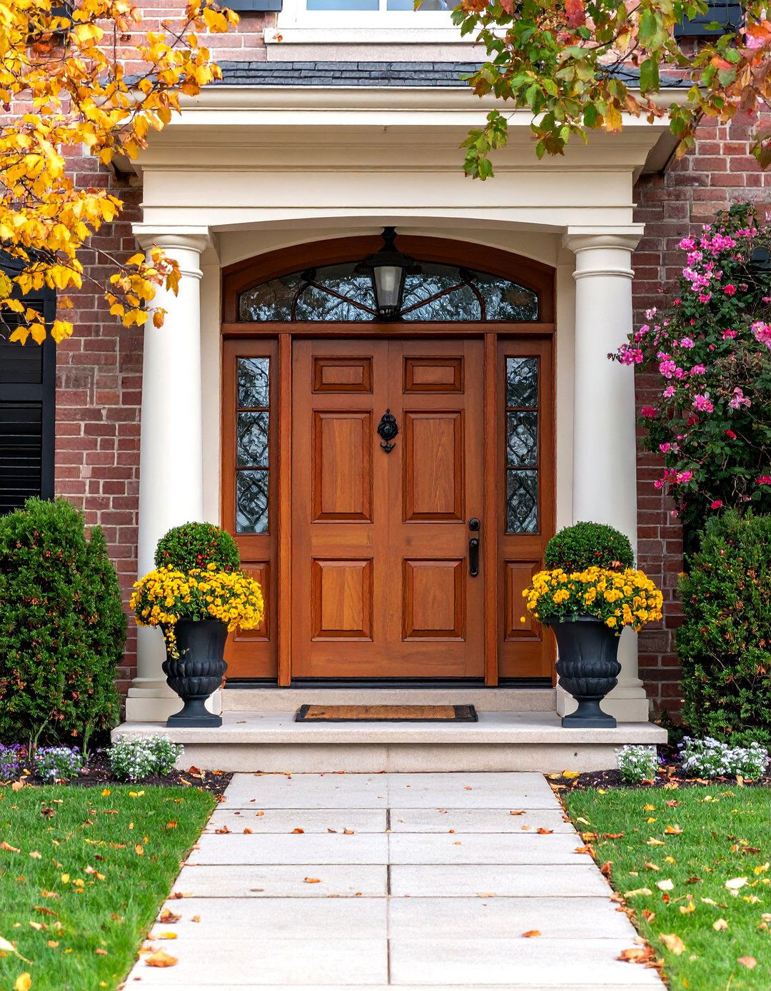 Pecan Brown Front Door with Traditional Colonial Elements - 25 Brown House Front Door Colors