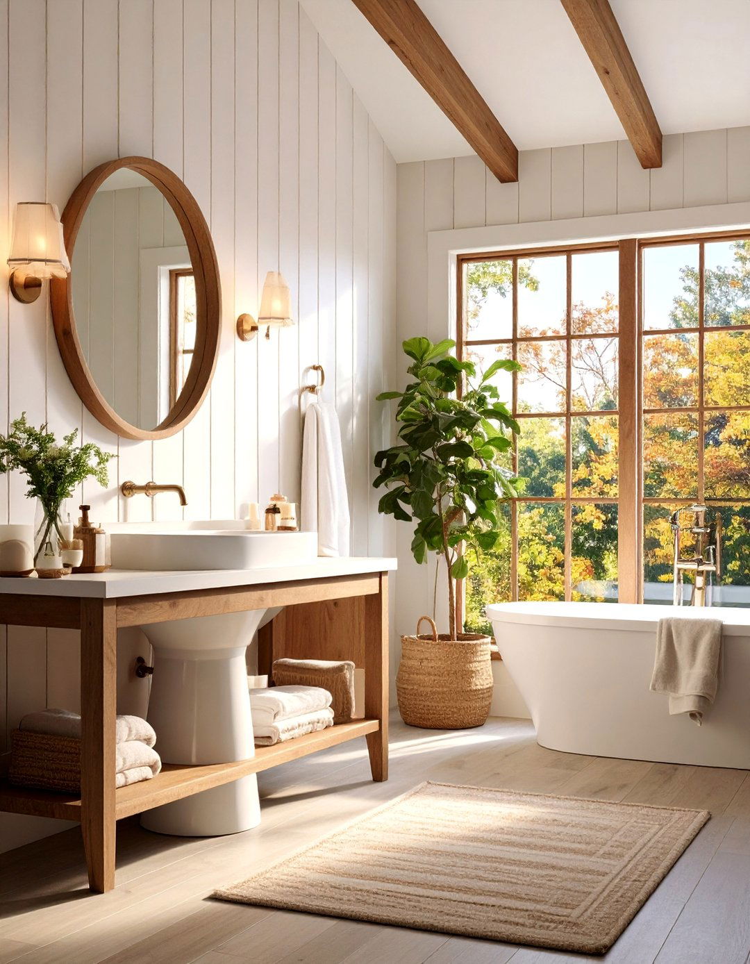 Pedestal Sink Bathroom with Beadboard Walls - 25 Modern Farmhouse Bathroom Ideas