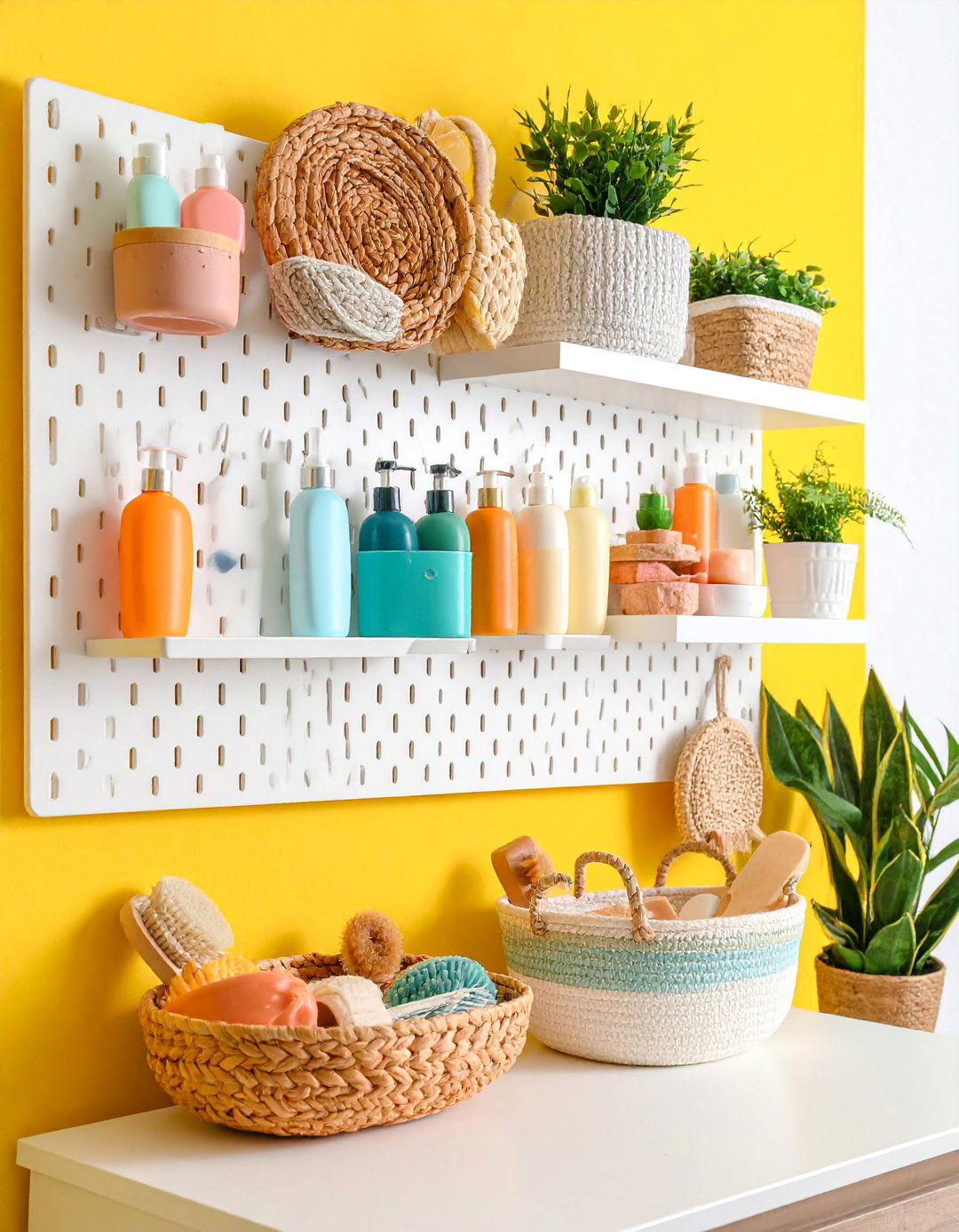 Pegboard Wall Organization with Customizable Hooks and Baskets - 25 Bathroom Organization Ideas