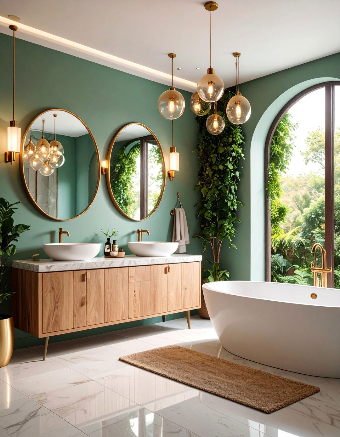 Pendant Light Cluster over Double Vanity - 25 Mid-century Modern Bathroom Ideas