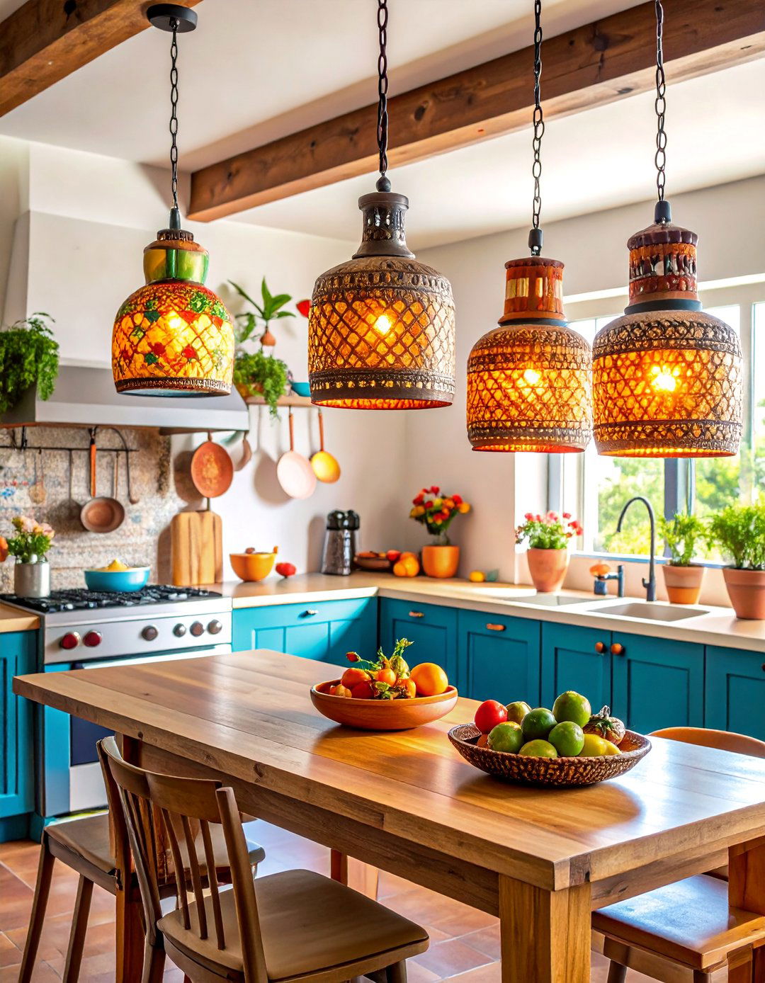Pendant Light Kitchen with Handcrafted Mexican Fixtures - 25 Mexican Kitchen Ideas