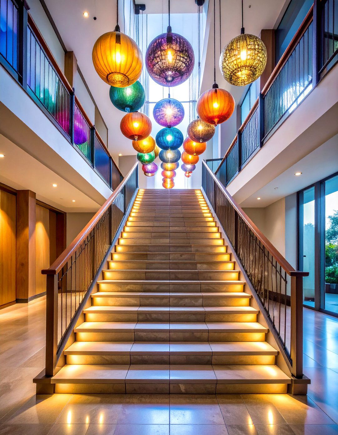 Pendant Light Staircase Design with Cascading Heights - 25 Staircase Lighting Ideas