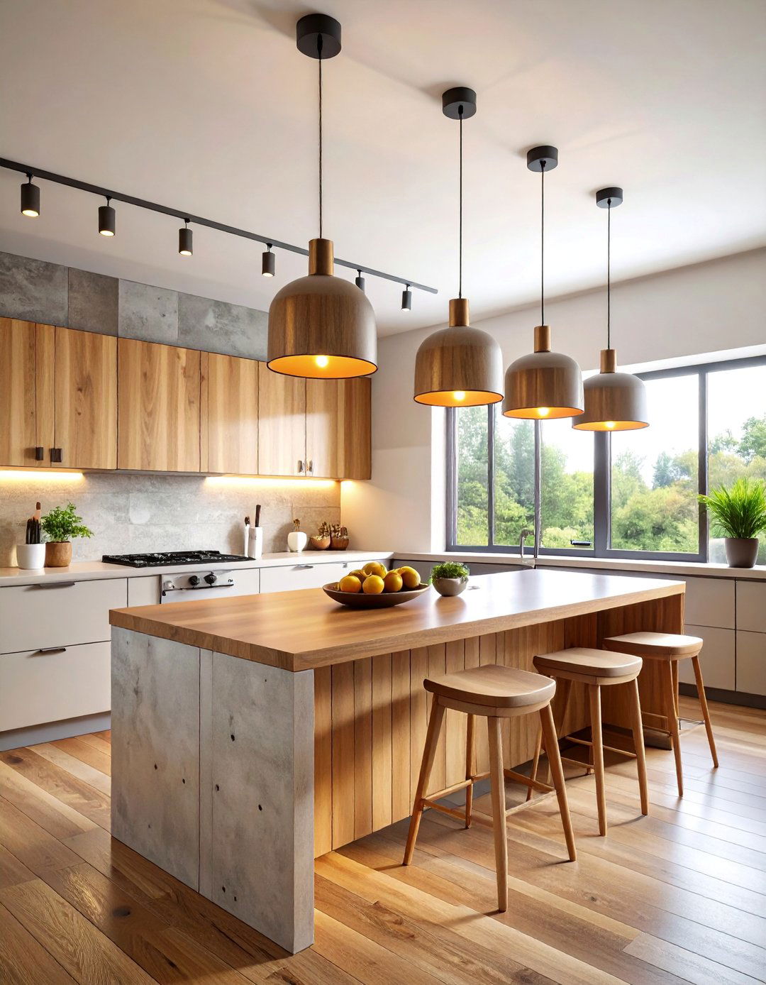 Pendant Lights with Concrete and Wood Accents - 25 Small Kitchen Lighting Ideas