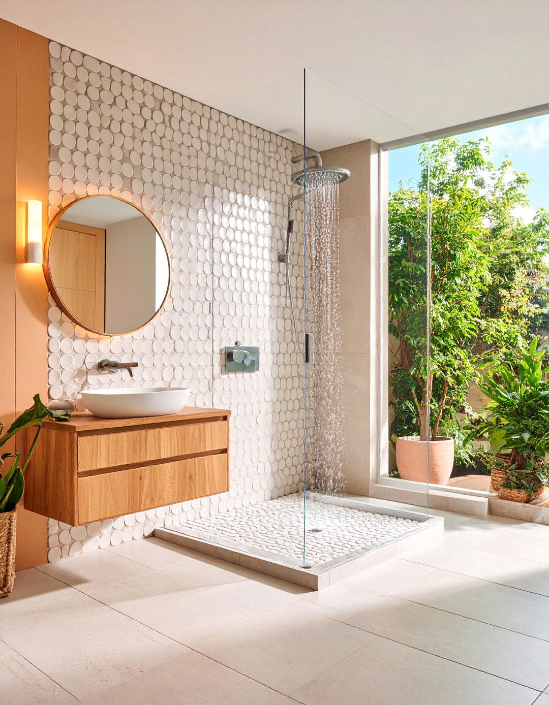 Penny Round Mosaic Feature Walls - 25 Walk-in Shower Tile Ideas