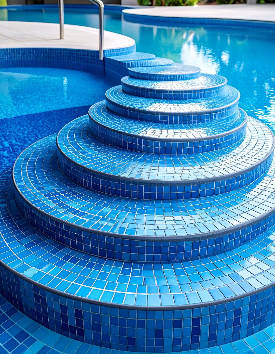 Penny Round Mosaic Pool Step Accents - 25 Pool Tile Ideas
