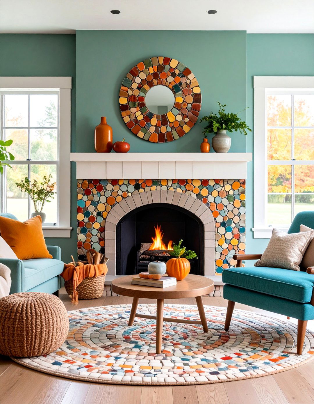 Penny Round Mosaic Tile Farmhouse Hearth - 25 Farmhouse Fireplace Tile Ideas