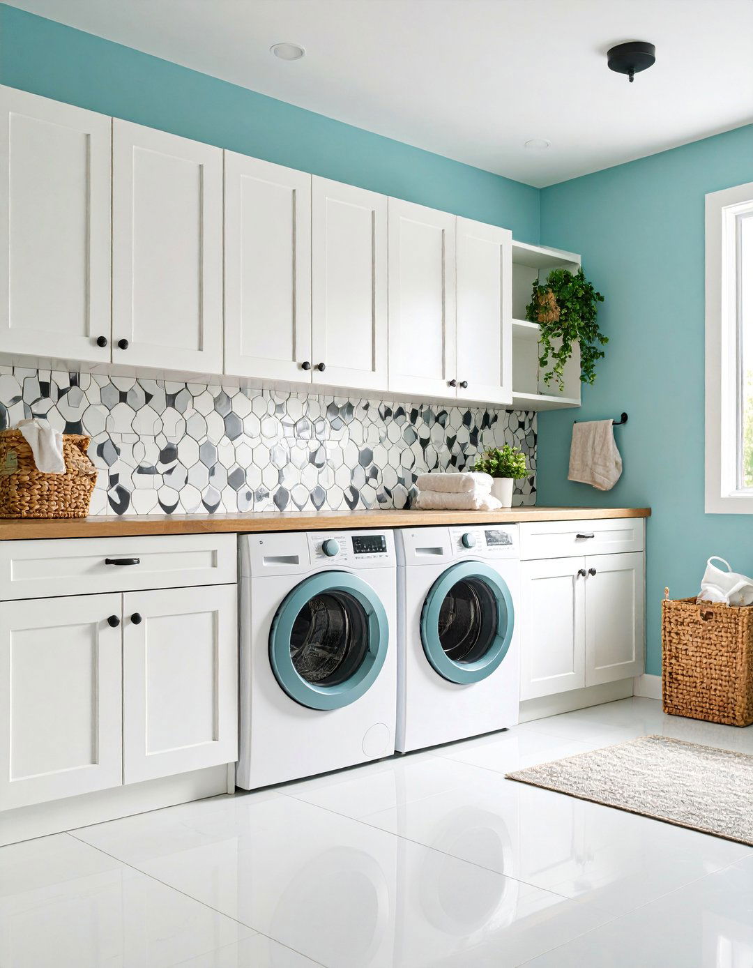 Penny Round Tile Accent Wall Theme - 25 Black and White Laundry Room Ideas