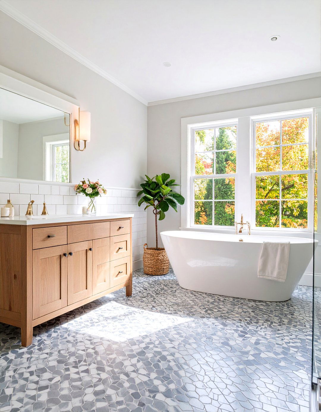 Penny Tile Grey Floor with White Subway Walls - 25 Grey and White Bathroom Ideas