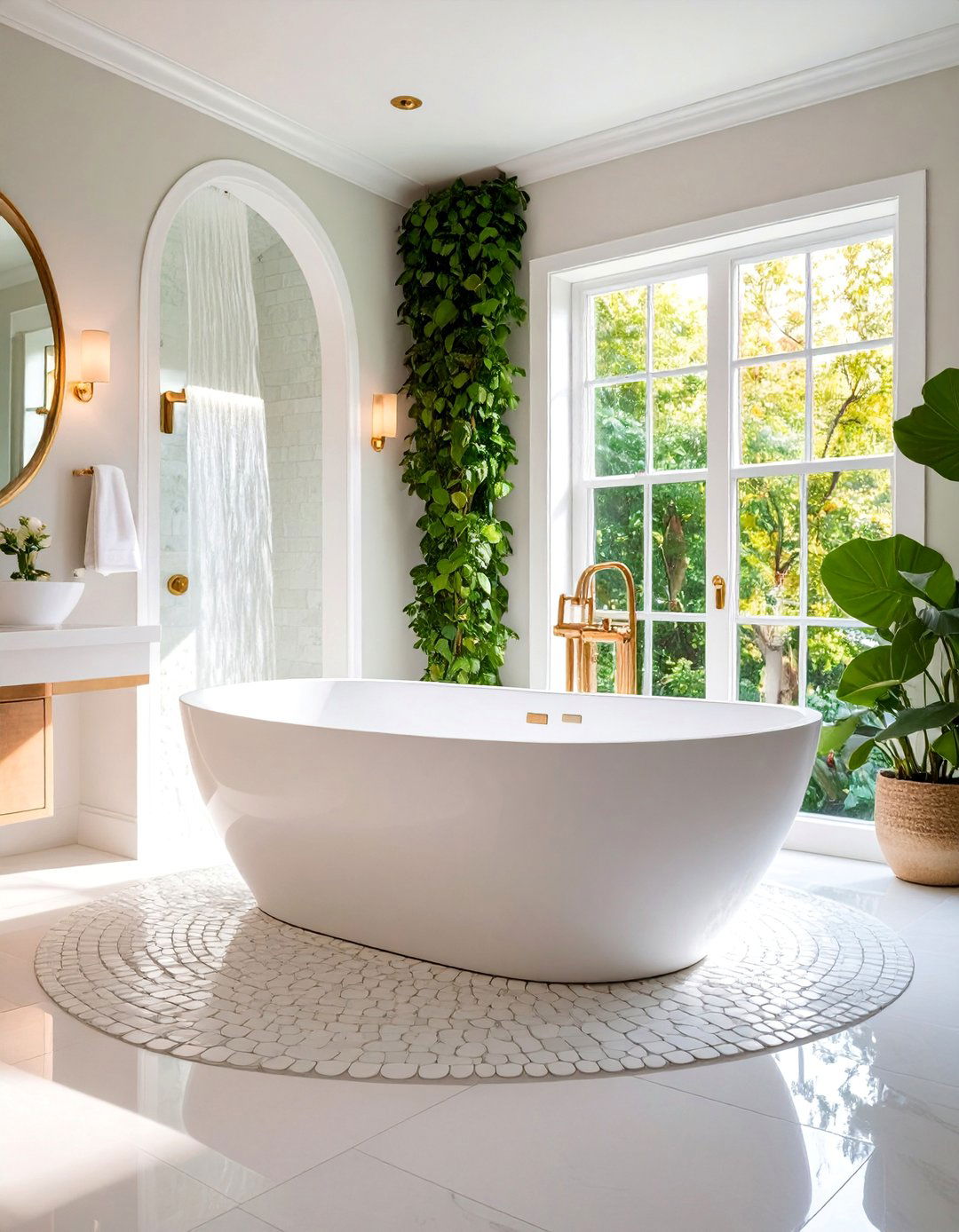 Penny Tile Waterfall Effect Behind Bathtub - 25 Penny Tile Bathroom Floor Ideas