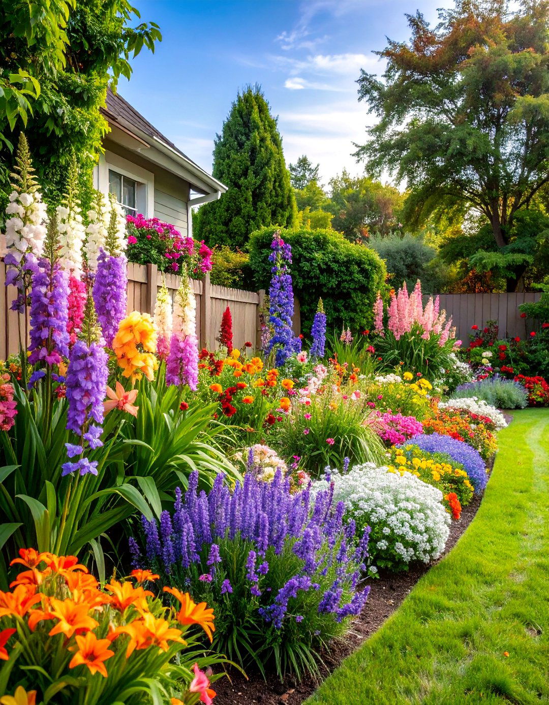Perennial Border Garden with Mixed Heights - 25 Front Yard Landscaping Ideas