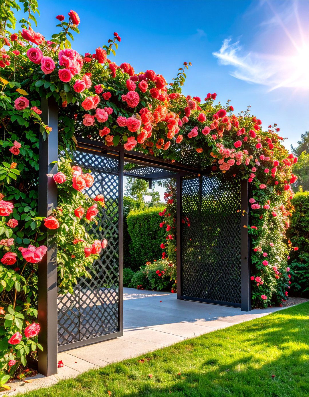 Perforated Metal Screen Wall with Climbing Rose Espalier - 25 Patio Wall Ideas