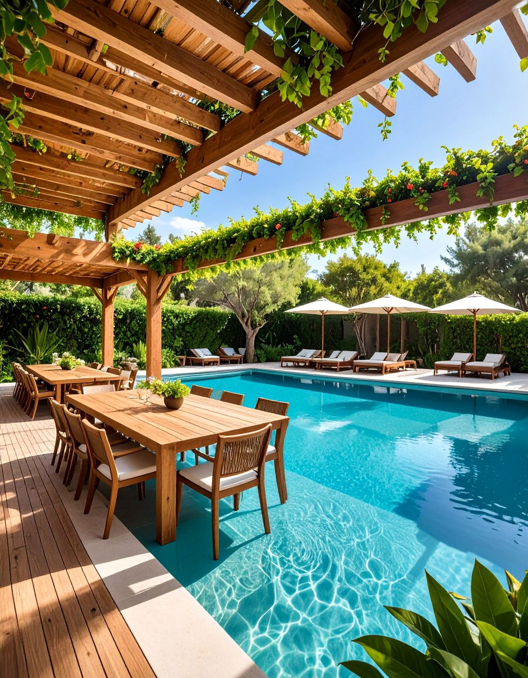 Pergola Covered Lagoon Dining Area - 25 Lagoon Pool Design Ideas