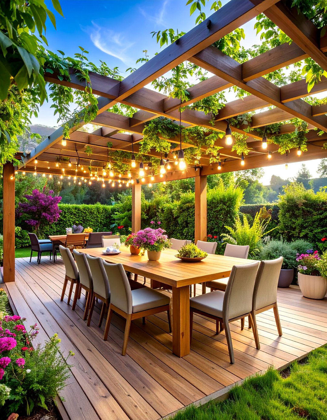 Pergola Covered Outdoor Dining Platform - 25 Ground Level Deck Ideas