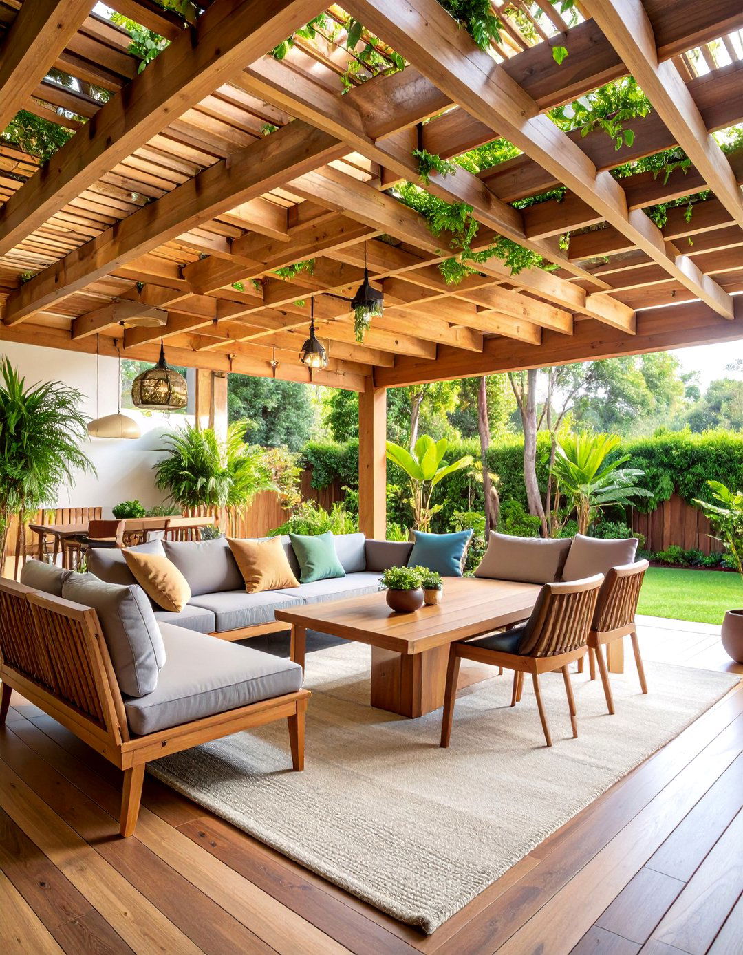 Pergola Covered Outdoor Living Room with Dining Area - 25 Outdoor Living Room Ideas