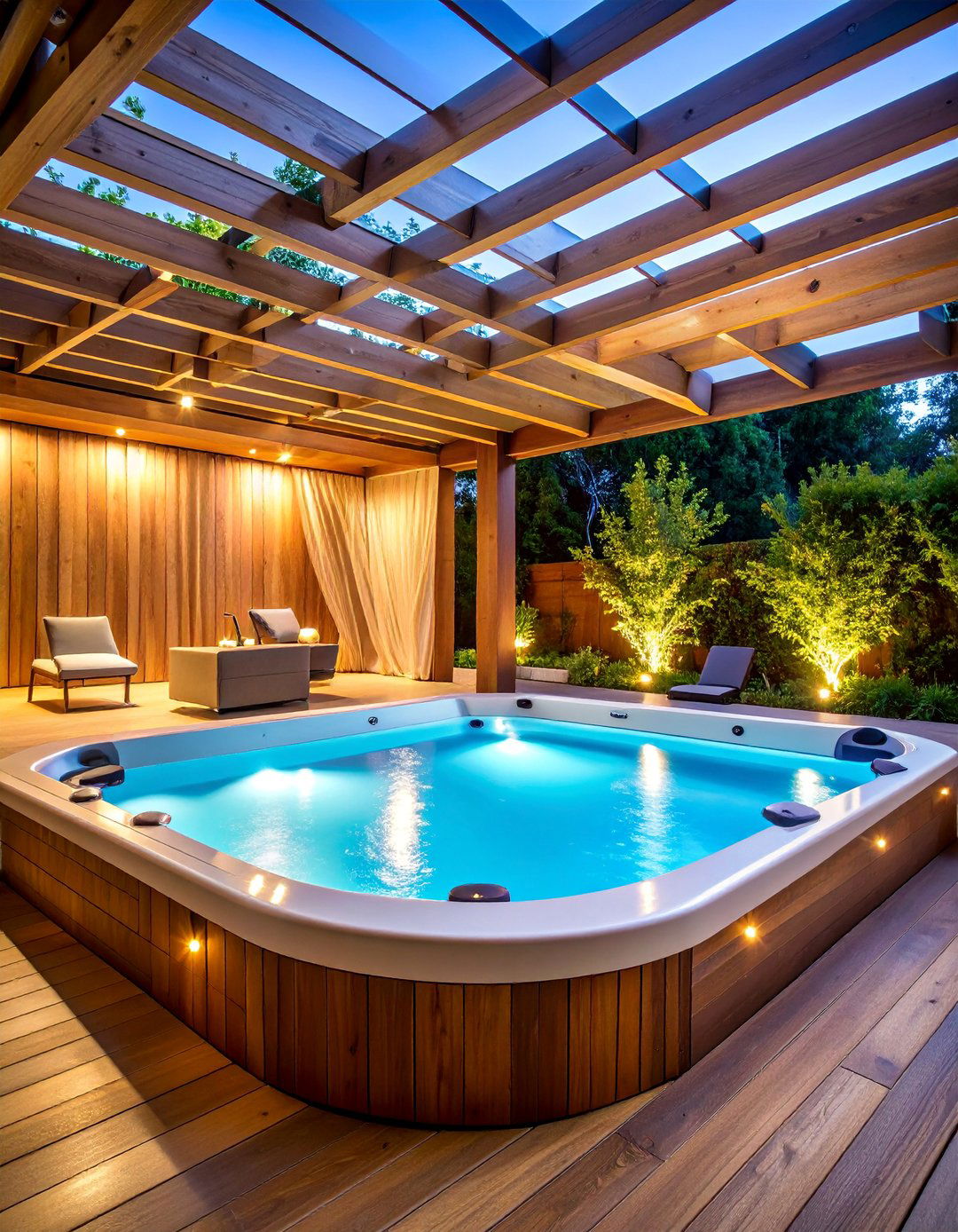 Pergola Covered Sunken Hot Tub with Privacy Screens - 25 Sunken Hot Tub Ideas