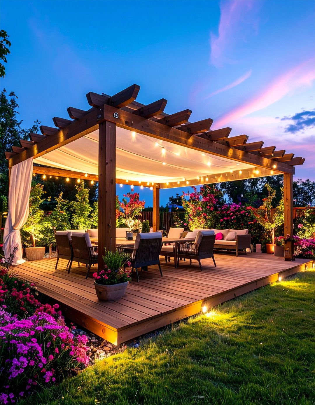 Pergola Deck with Retractable Shade Systems - 25 Ground Level Deck Ideas