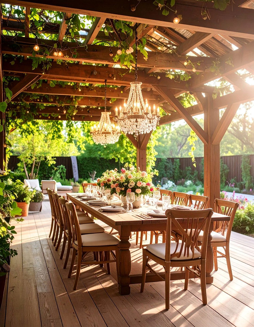Pergola Dining Room with Chandelier - 25 Garden Furniture Ideas